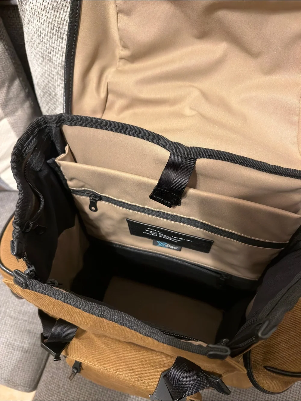 Men's Tan Canvas Travel Backpack with Black Trim
